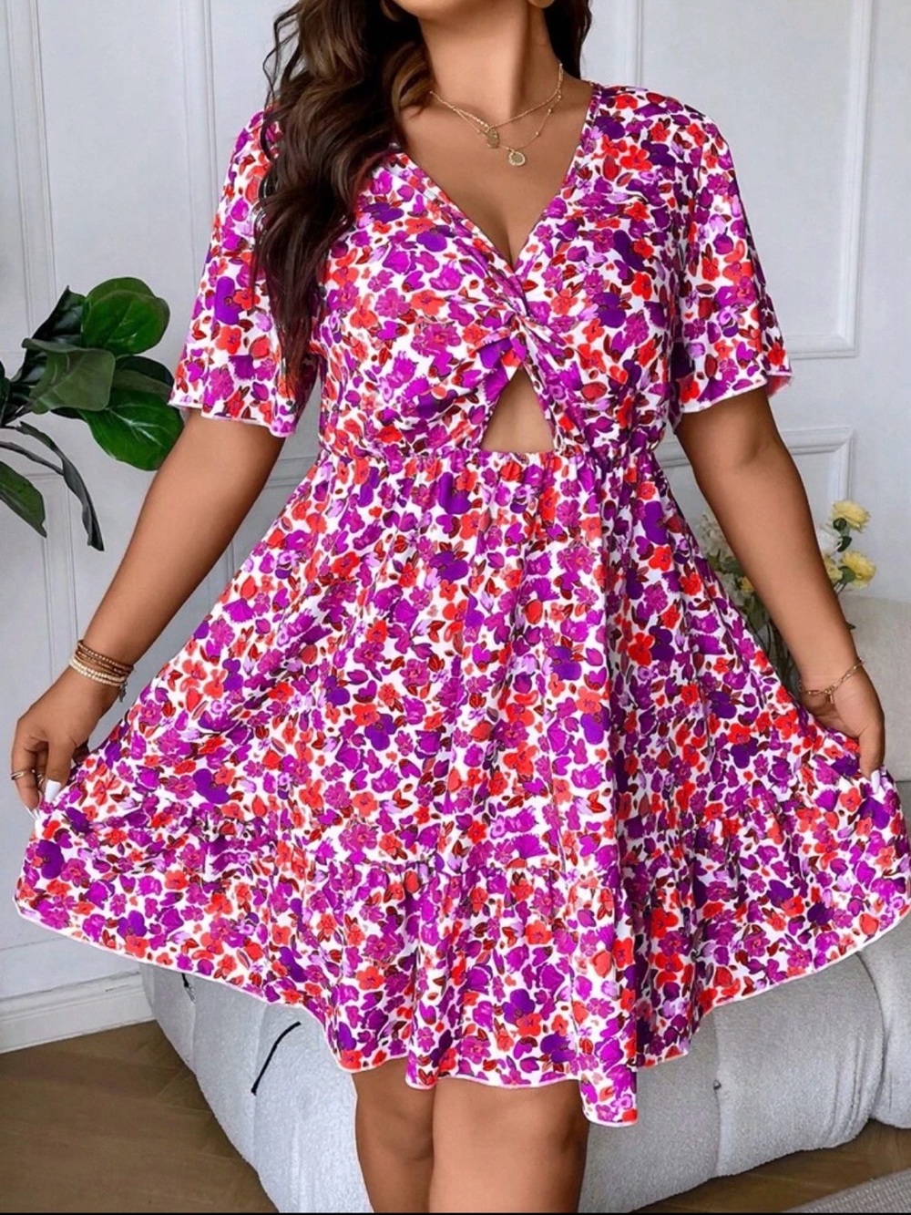 SHEIN Pink & Red Floral Twist-Front Mini Dress